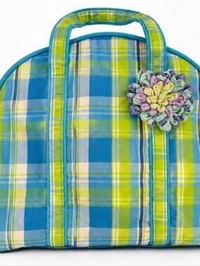 SOHO London New York Plaid Cosmetic Travel Bag Blue Green Floral Weekender Tote